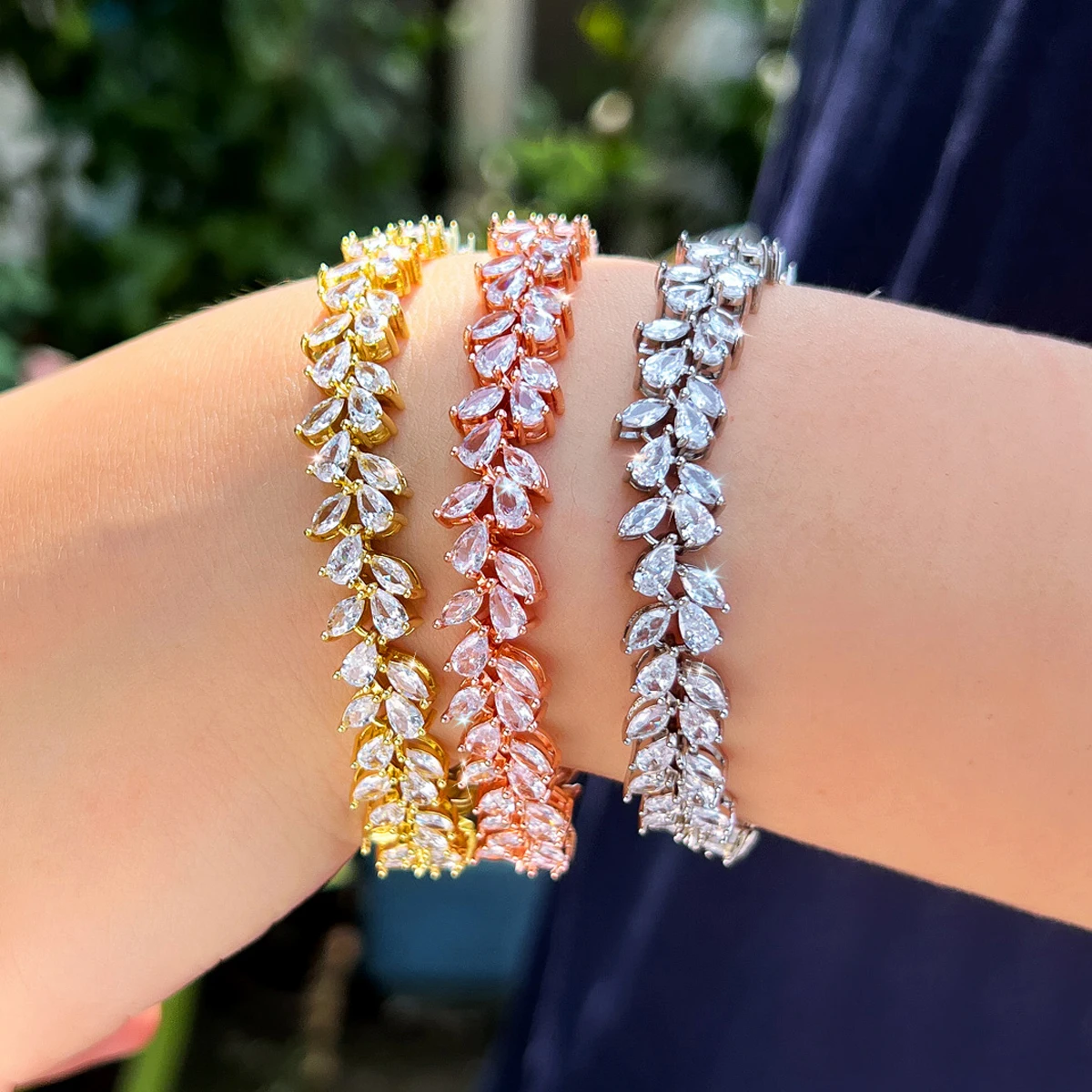

CWWZircons Fashion Shiny Cubic Zirconia Rose Gold Color Leaf Tennis Bracelets for Women Girls Wedding Party Jewelry Gifts S0158