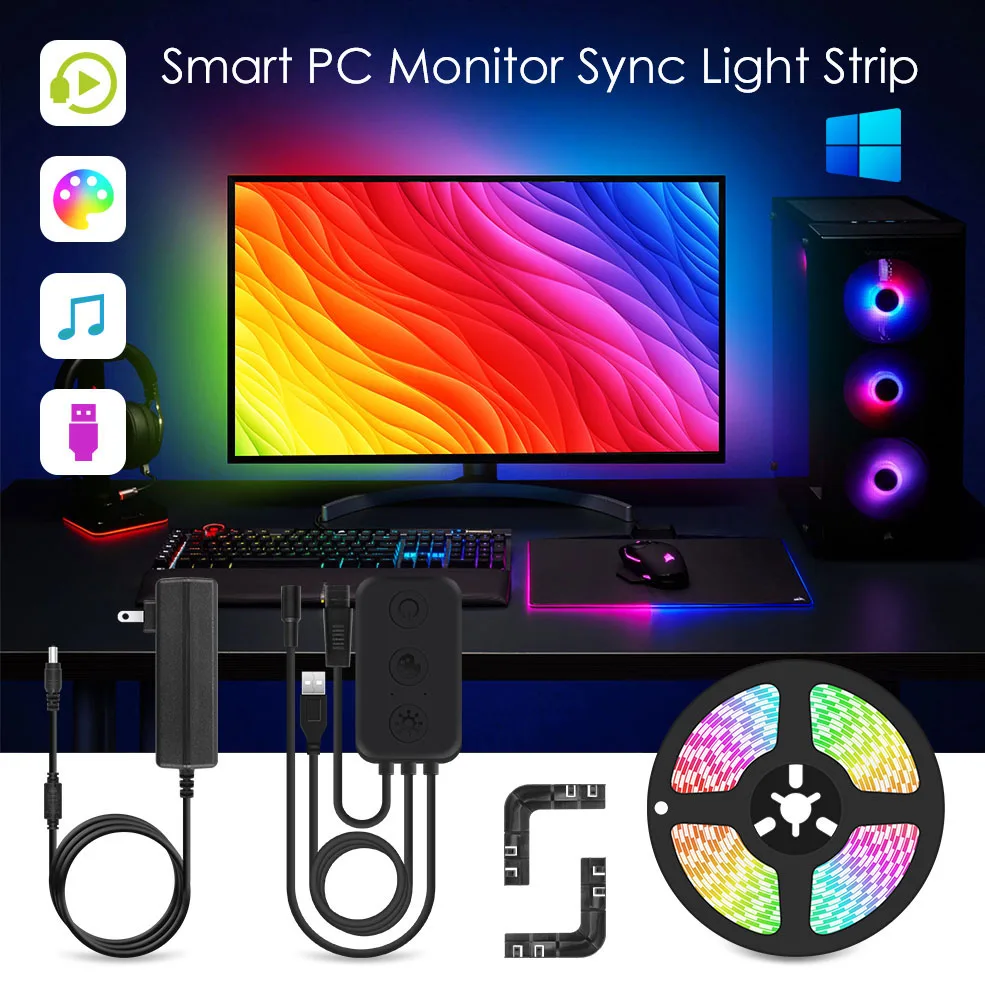 

PC Screen Smart Sync LED Strip Light Immersion Monitor USB LED Backlight for Windows Music Sync Ambient Gaming Room Setup