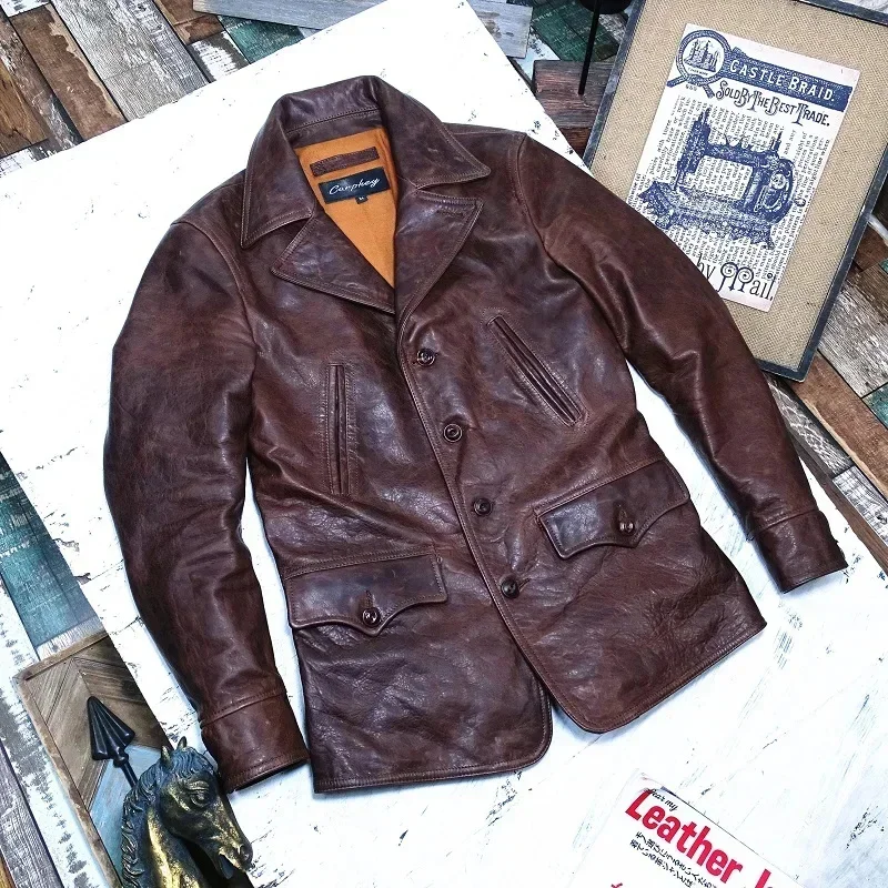 LNY!Wholesale.Vintage brown batik horsehide jacket.Classic safari style genuine leather coat.retro quality Trench