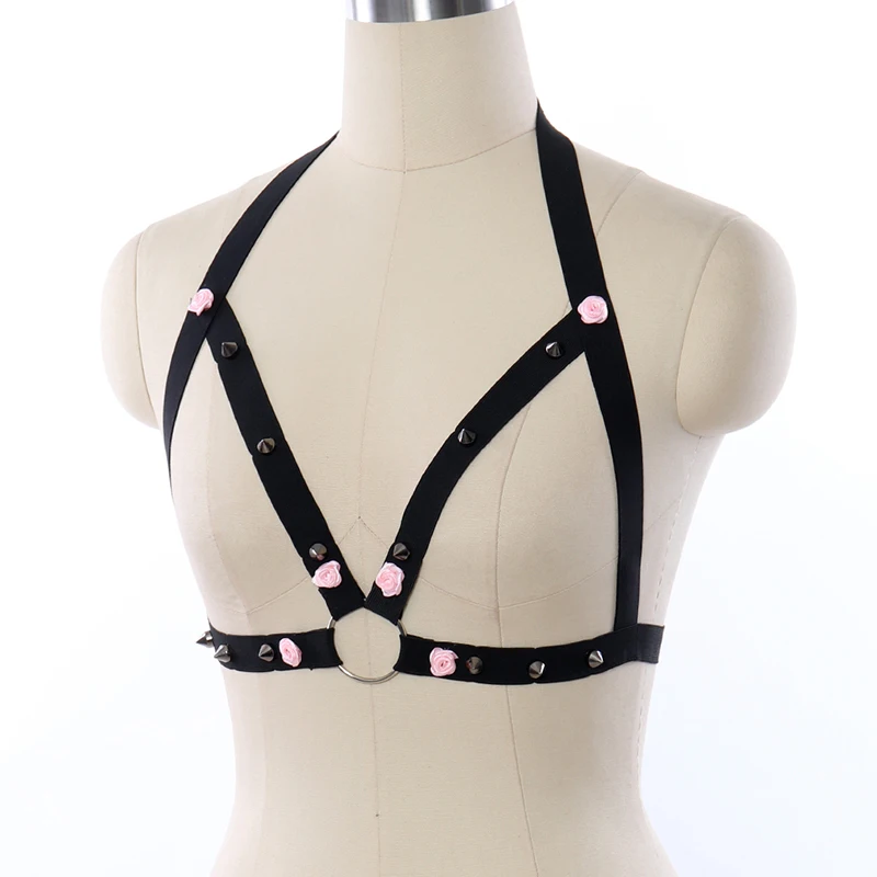 Women Harness Elastic Adjustable Open Chest Crop Top Cage Bra Rivet Pink Flower Suspender Goth Bondage Lingerie Harness Cage