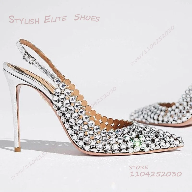 

Silver Inlaid Shiny Crystal Hot Diamond Open Heel Pump Girl Party Black Diamond Pointed Stiletto Sandal Summer Dress Hollow Shoe