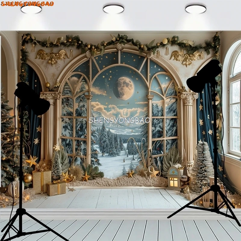 Wooden Floor Window Background Christmas Day Fireplace Living Room Decoration  Family Party New Year Photography Backdrops AC-01