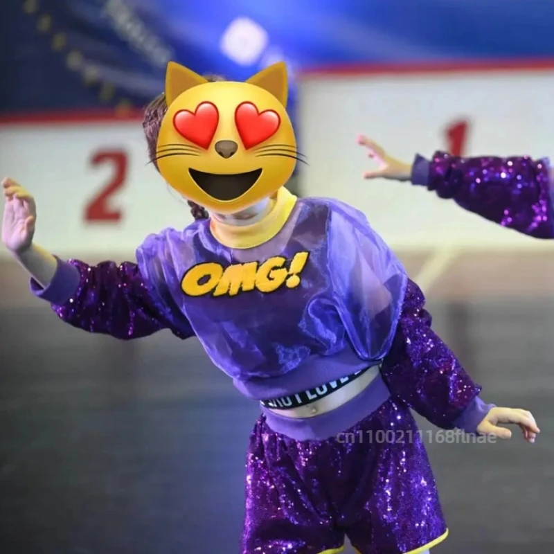 Traje de baile de Jazz para niña, versión coreana, traje de baile callejero de Hip-hop para niños con traje de actuación de lentejuelas con ombligo expuesto