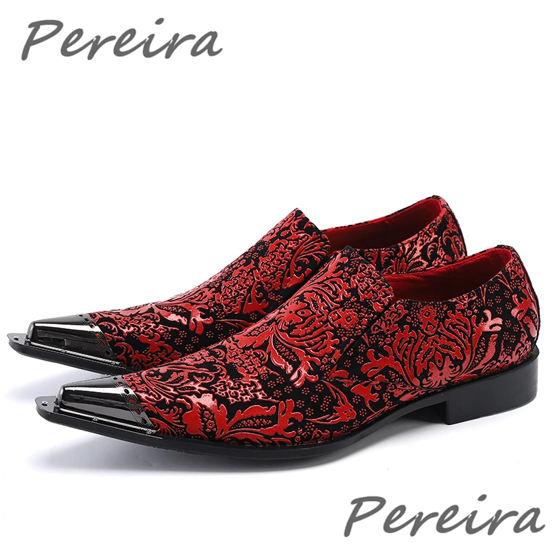 

Fashion Red Print Men Dress Shoes Metal Pointed Toe Cow Leather Casual Business Shoes Slip On Wedding Formal Oxfords Plus Size