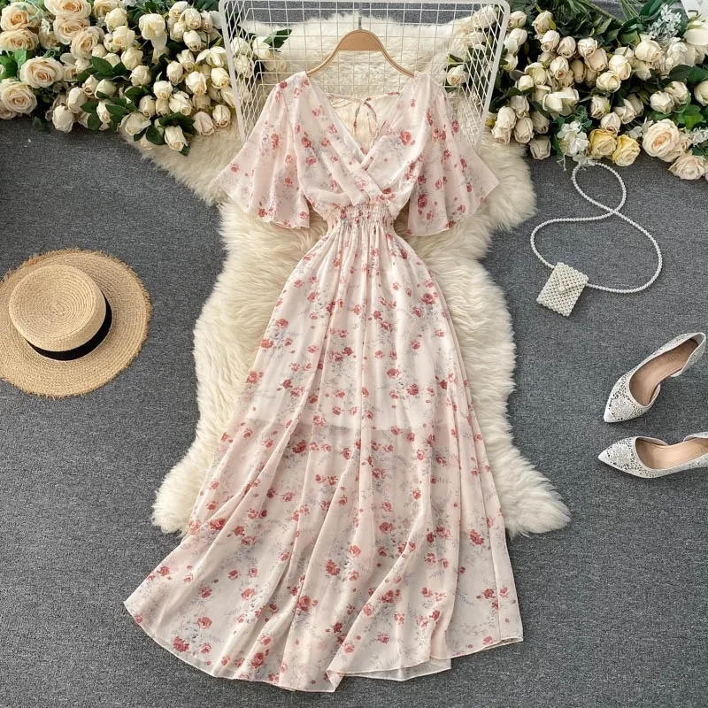 

Chiffon Midi Dress with Floral Print and Frills New Sexy V-neck Dresses for Women Summer White Vintage Maxi Beach Long Black