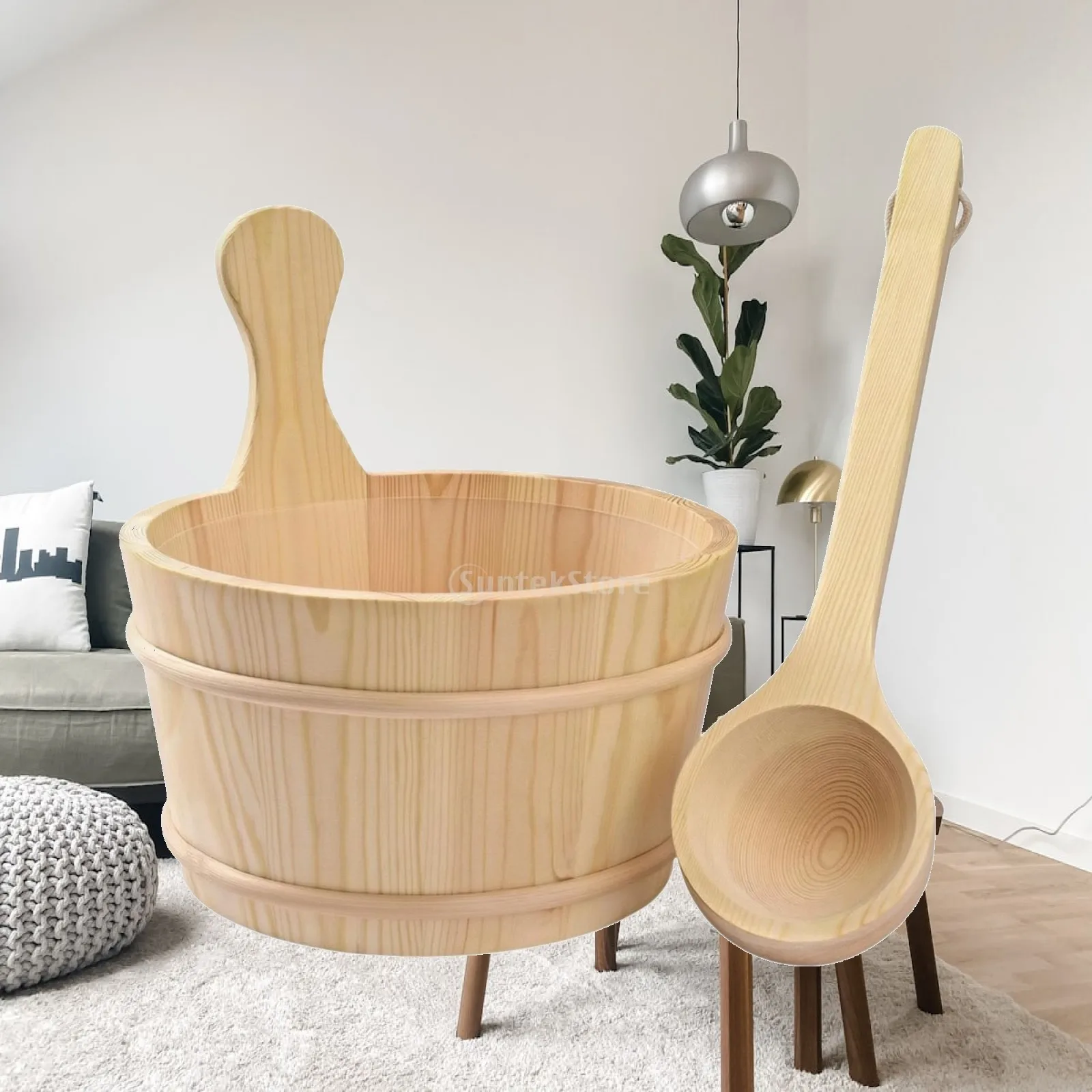 Wooden Sauna Pail and Ladle Set Rustic Fir Sauna Pail and Ladle Set Long-Lasting Premium for Spa Room, Steam Sessions