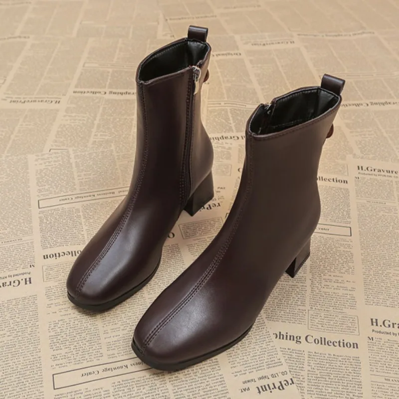 Combat Ankle Boots for Women Fur Elegant with Medium Heels Woman Short Shoes Punk Style Brown Booties Autumn High Quality Boot image 6