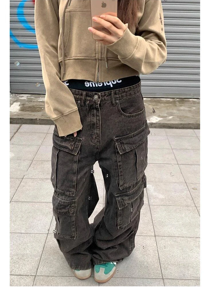 

Women's Multiple Pockets Wide Leg Large Size Jeans Summer Cool Girl Casual Bottoms Female Vintage High Waist Trousers