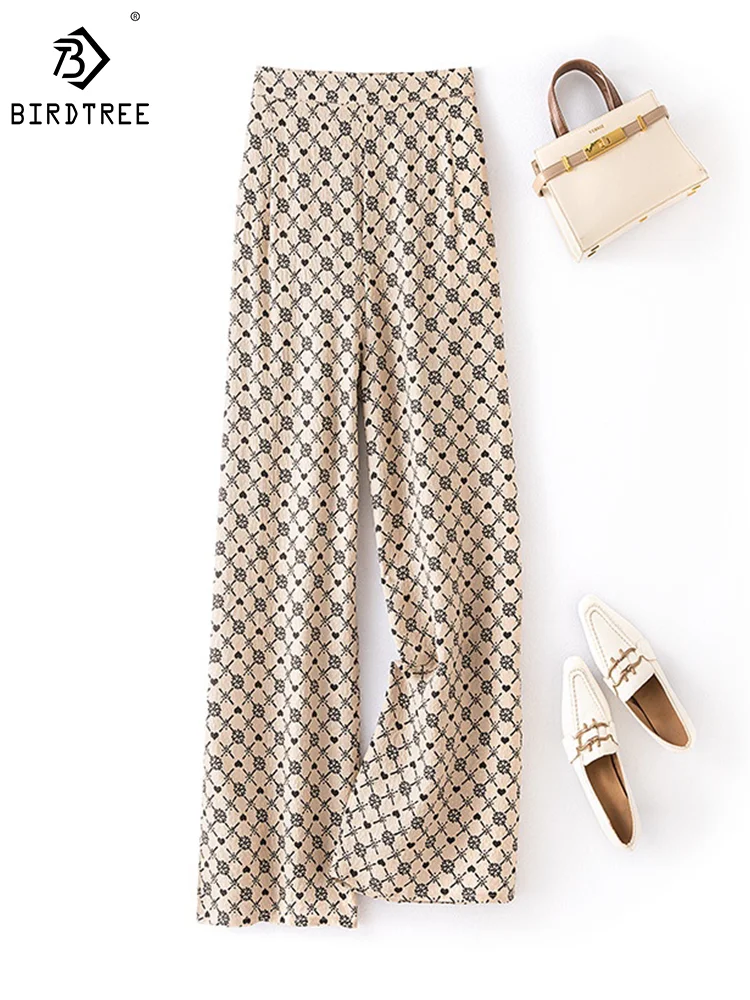 Birdtree, 100%Real Silk, Women\'s Pocket Geometric Print Jacquard, Loose Straight Pants, 20024 Spring Summer Trousers, B43285QM