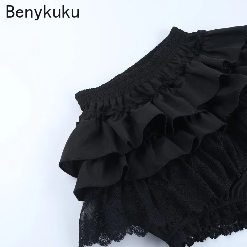 Gothic Punk Girls Kawaii High Waist Shorts Skirts Lolita Vintage Lace Ruffles Shorts Y2k E-girl Black Women Pumpkin Bloomers
