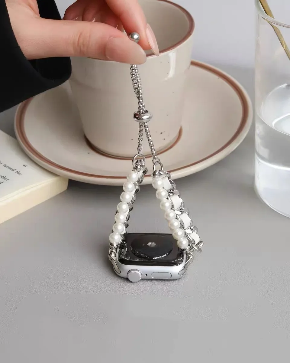 Nice Beads metal leather link loop For Apple Watch band women Series Ultra 10/9/8/7/6 38mm 40mm 41mm 42mm 44mm 45mm 46mm Strap
