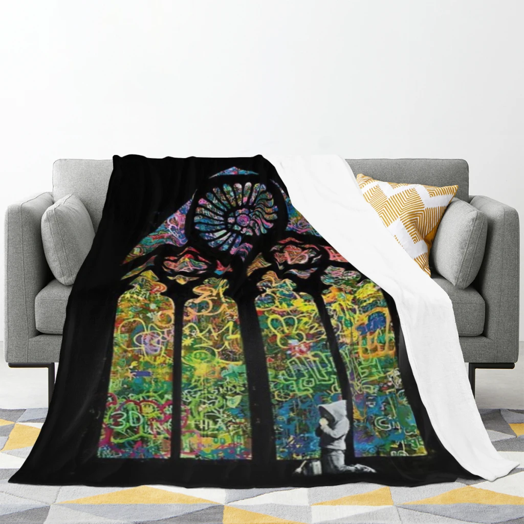 Stained Glass Banksy Graffiti Comfortable Flanne Blanket Comforter Flannel Soft throw Blankets Warm Home and Decoration