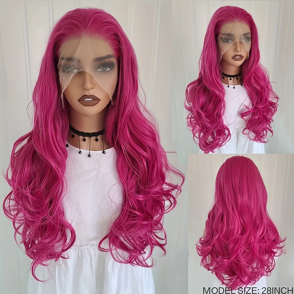 Charisma Synthetic Lace Wig Long Body Wave Wig Hot Pink Cosplay Wigs Synthetic Lace Front Wigs For Women Daily Use Party Wig