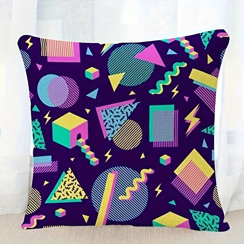 1pc Vintage Geometric Pillowcase, 80s 90s Memphis Style, Machine Washable, Zipper Closure, Decorative Cushion Cover for Various Room Types, Single-Sided Print, No Insert, Modern Style