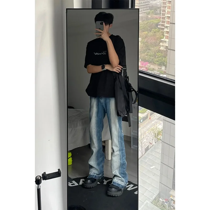 

Мужские джинсы High Street Vibe, синие, из денима, в американском ретро-стиле, приталенные, прямые, молодежные, модные, длинные, из хлопка...