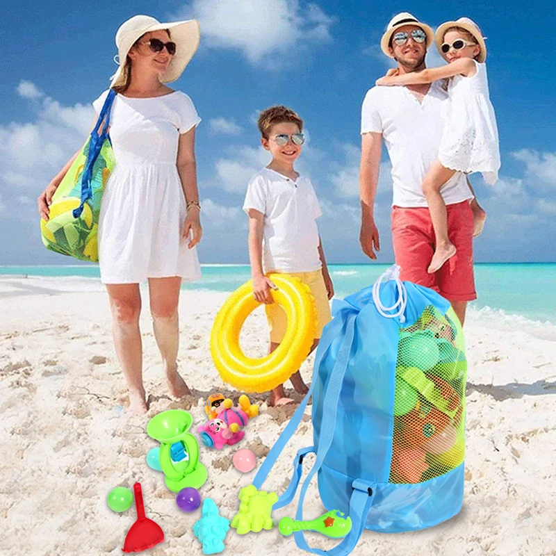 Children Foldable Beach Toy Bag Beach Storage Pouch Tote Mesh Bag Travel Toy Organizer Sundries Net Drawstring Storage Backpack