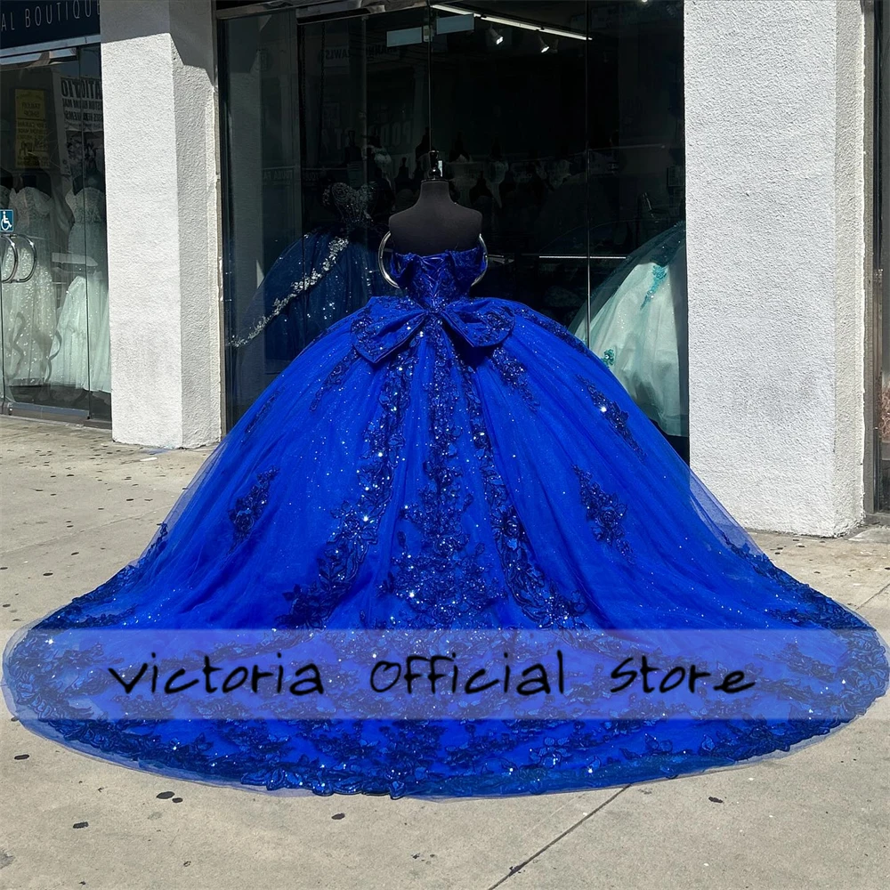 Luxious Royal Blue Beaded Lace Applique Off The Shoulder Quinceanera Dress Ball Gown Mexican Birthday Lace Up Sweet Customized