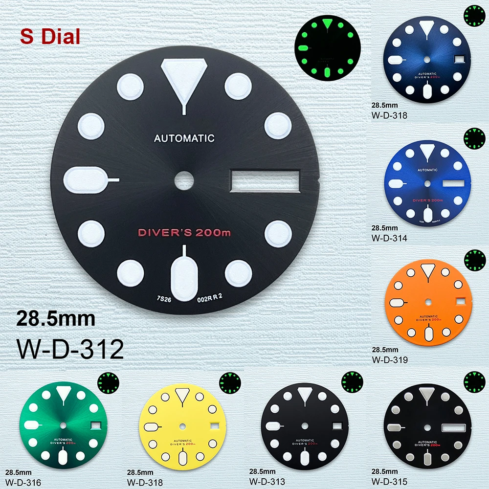 28.5mm logotipo s skx007 dial fit nh36/4r36 movimento verde luminoso fosco/sunray dial acessórios de modificação de relógio