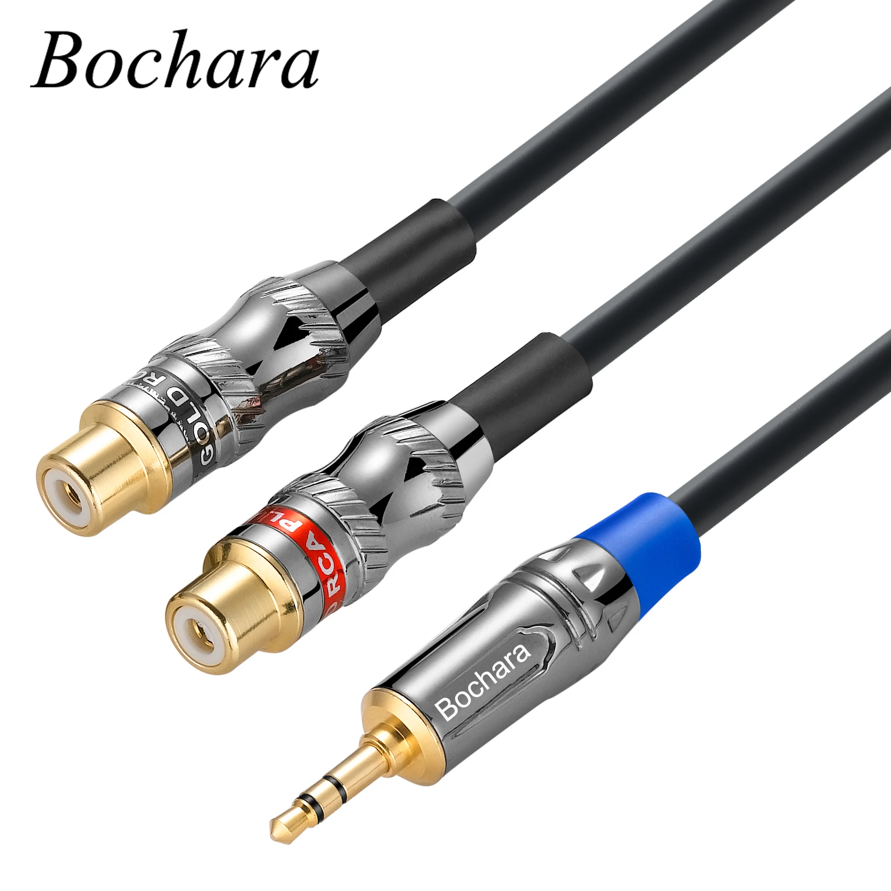 Bochara 50cm 1/8 \'\'3.5mm Stereo Aux męska do 2RCA żeńska folia na kabel Audio + ekranowany, pozłacany stop cynku