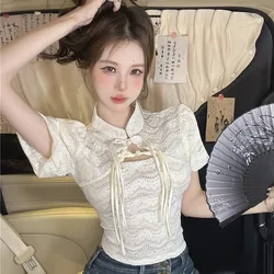 Chinese Style Buckle Cheongsam Top Women Vintage Bubble Sleeve Lace Summer Stand Collar Blouses Ladies Elegant Hollow Shirt Tops