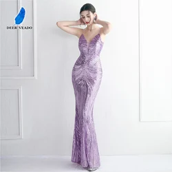 DEERVEADO Lavender Color Mermaid Evening Dress Women Elegant Party Maxi Dress Sexy V Neck Sequins Formal Dress Evening Gowns