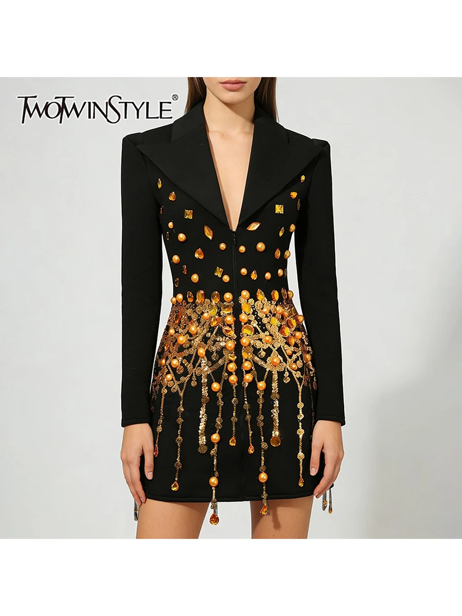 

TWOTWINSTYLE Fashion Spliced Bead Luxurious Dress for Women Lapel Long Sleeves Tunic Patchwork Sequins Mini Dresses Female New