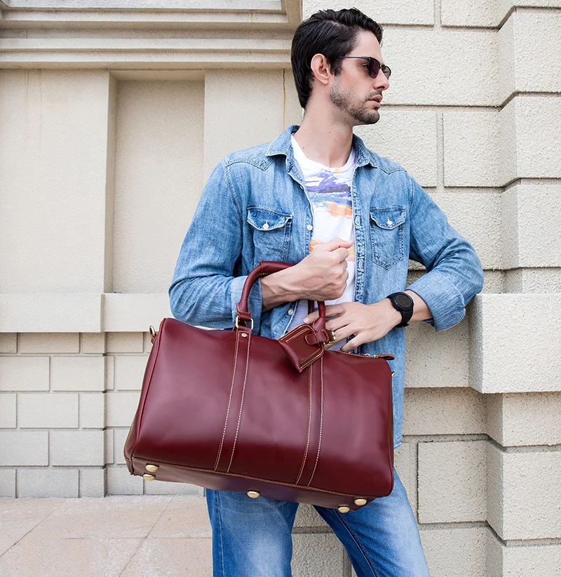 Sac à Main de Voyage en Cuir de Cheval pour Homme, Sacoche Décontractée à la Mode, Rétro Européen et Américain, Vin Rouge E27