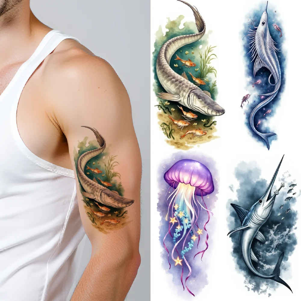12pcs Temporary Tattoo Fighting Fish Colorful Realism Starfish Bizarre Fish Waterproof Long-lasting Body Stickers Snail For