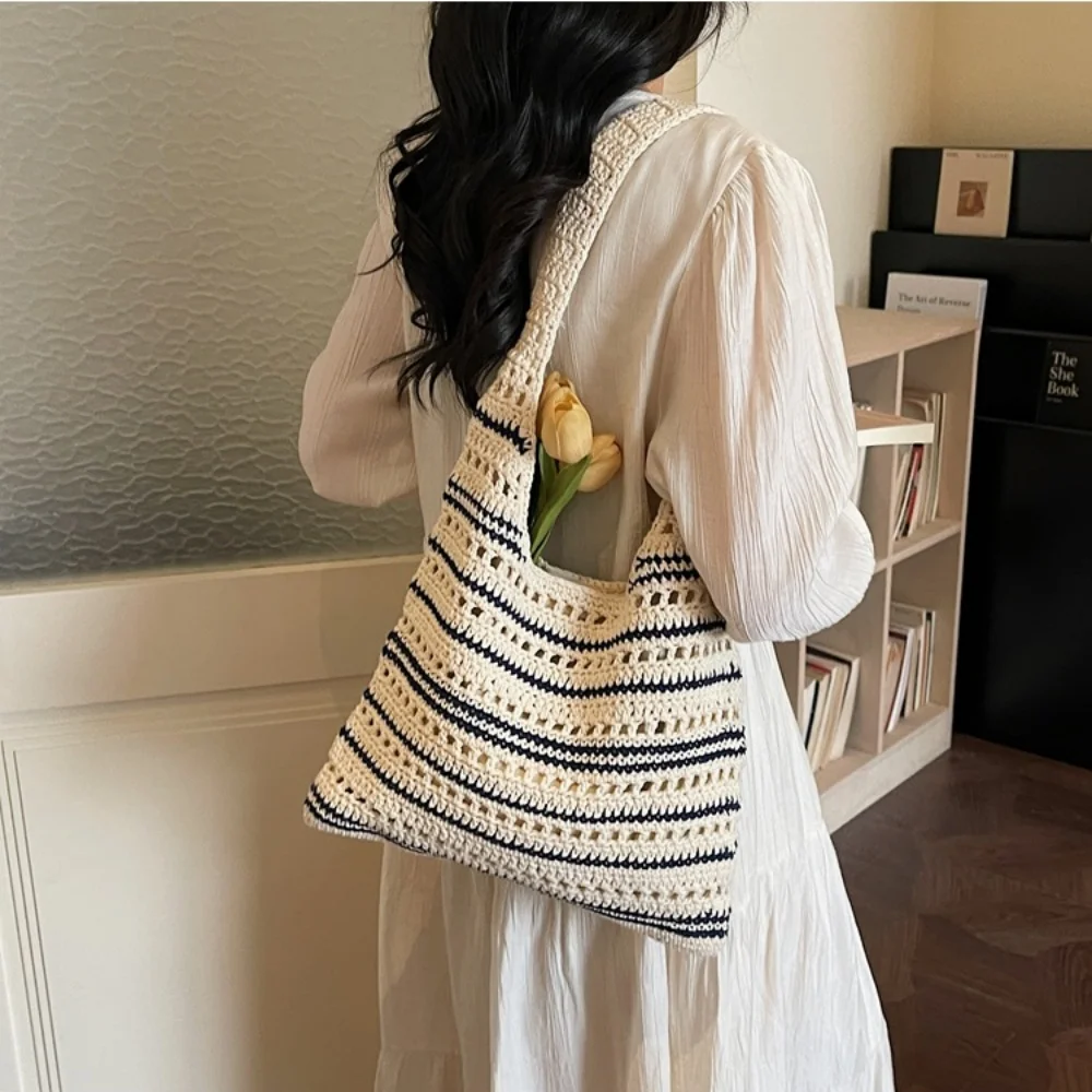 

Сумка через плечо из соломки, повседневная полосатая плетеная сумка через плечо, модная сумка-шоппер большой вместимости для покупок, поездок на выходные, пляжа
