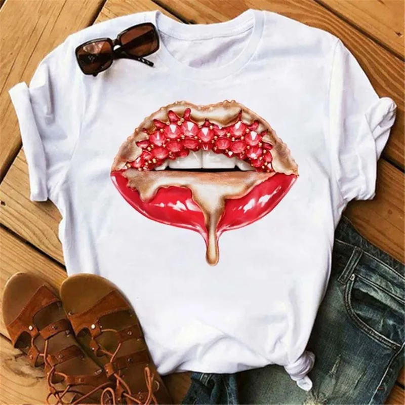 Camiseta con estampado de labios para Mujer, ropa informal de manga corta con cuello redondo, holgada, a la moda