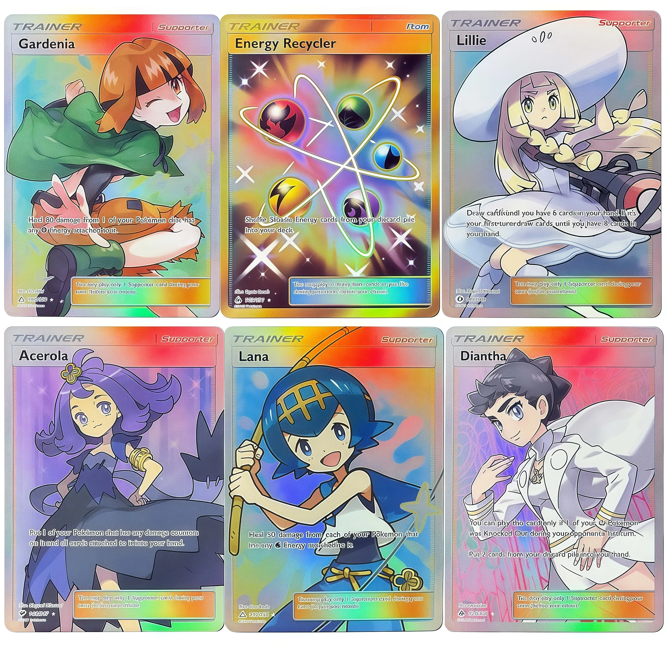 

PKM Holographic Cards Proxy Trainer Lilie TV Reporter Cynthia Lacey Diantha Game Collectible Trading Card for PTCG Battles