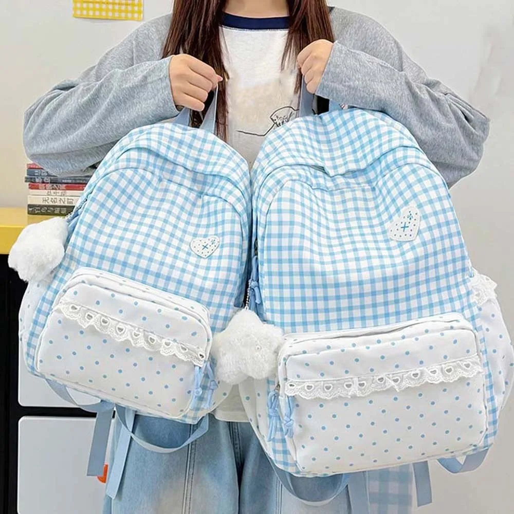 Korean Style Gingham Backpack Ruffle Design Polka Dot Lace Schoolbag Lightweight Pastel Colors Plaid Daypack Back To School