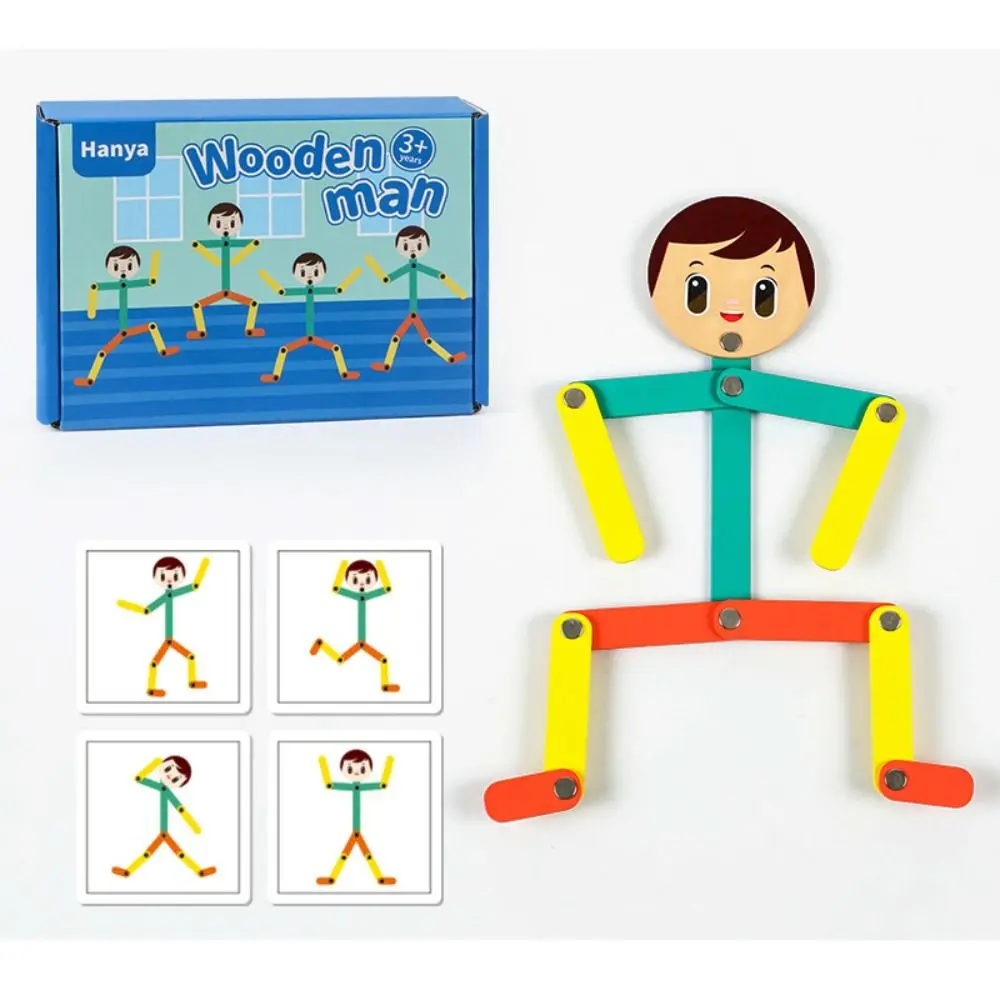 Montessori Wooden Pose Matchstick Man Toy Fine Motor Training Toy Early Educational Preschool Double-Side Pose Cards