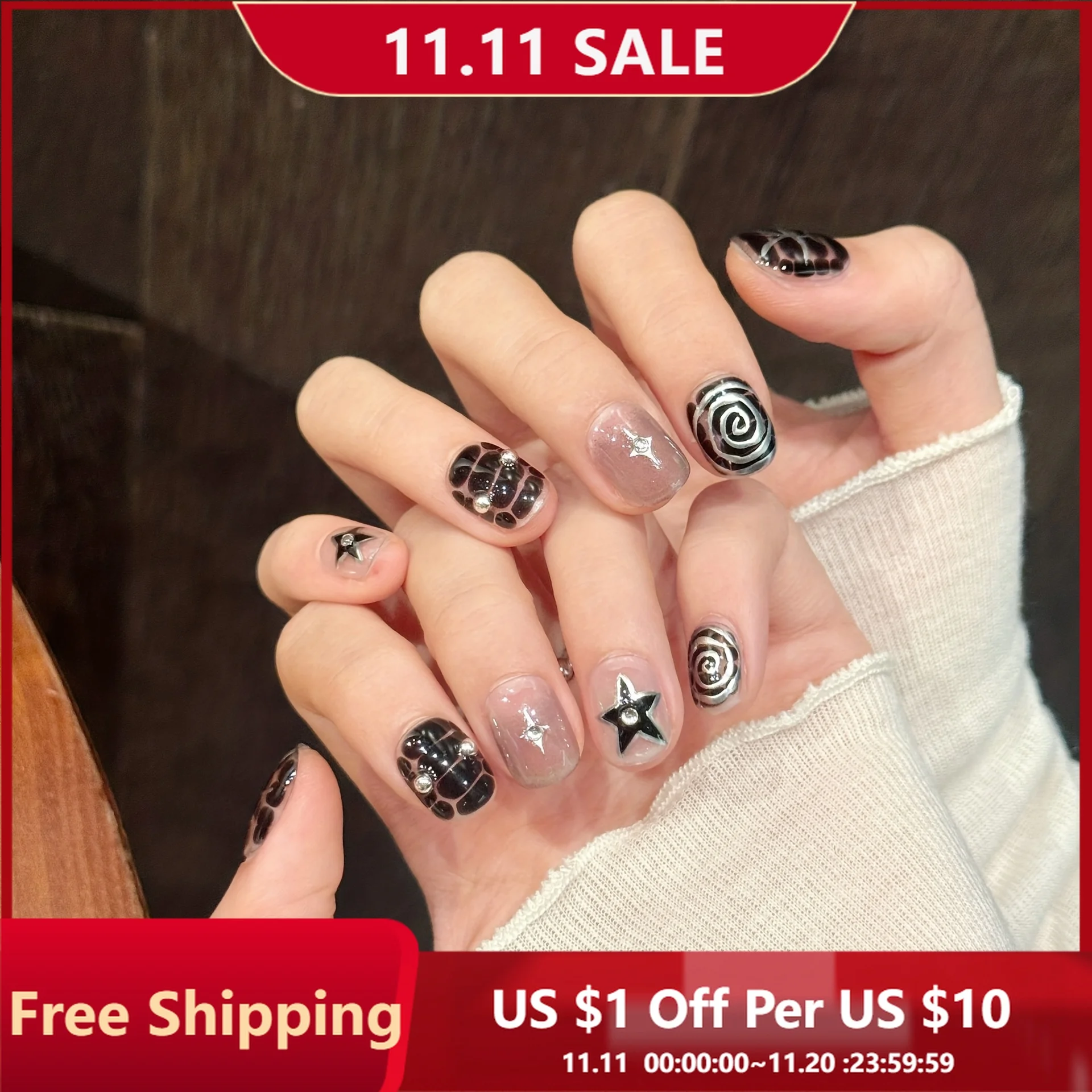 

10 шт., пресс для ногтей ручной работы, темные рельефные звезды, головы, полное покрытие, типсы для ногтей для женщин и девочек, короткие съемные носимые дизайны ногтей