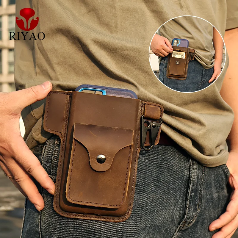 

RIYAO Vintage Genuine Leather Phone Pouch For Belt Clip Waist Bag Cell Phone Cover Holster Wallet Case Pocket For Iphone Samsung