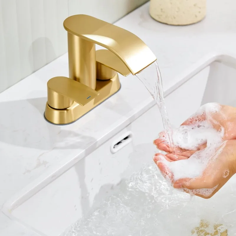 Bathroom Sink Faucet Brushed Gold,Two Handles Bathroom Faucet with Metal Pop up Sink Drain Stopper,Basin Lavatory Mixer Tap