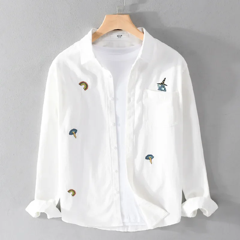 

Уличная забавная рубашка, мужская рубашка с вышивкой, весна-лето, повседневный топ, молодежные мужские рубашки из 100% хлопка с длинными рукавами, корейская модная одежда