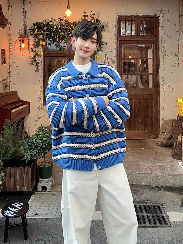

Blue White Striped Color Blo Knitted Sweater Men's Korean Sle Early Autumn Top Lazy Cardigan Knitwear Outerwear