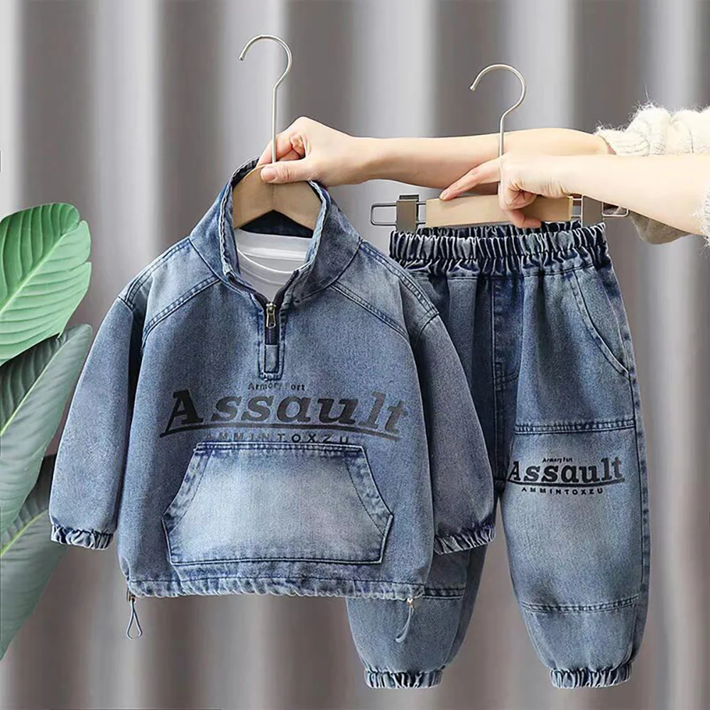 

Kids Boys Letter Denim Coats+Pants 2Pcs Spring Autumn Casual Loose Children Clothes Sets Stand Collar Pulllover Denim Coat Suit