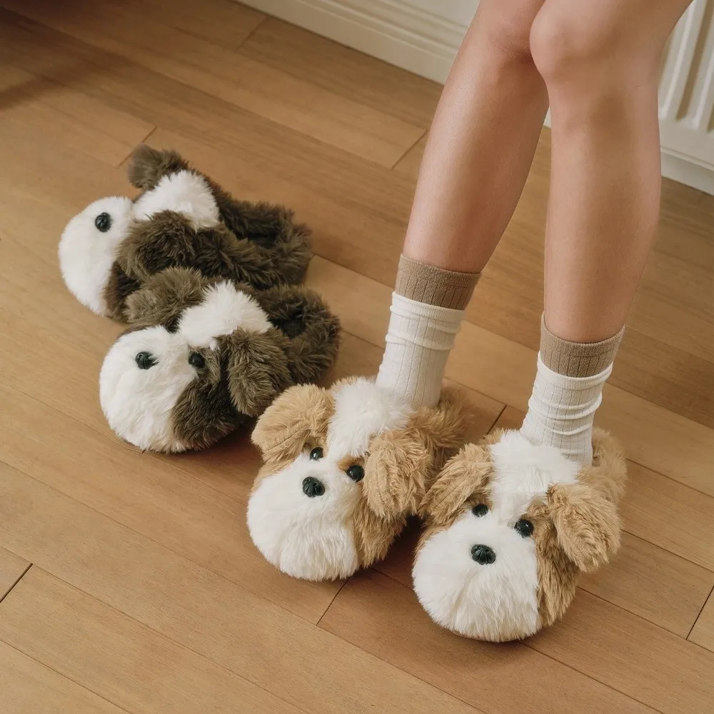 Casual Soft Plush Dog Slides Cute Lovely Puppy Slippers Warm Fluffy Winter Slippers Girls