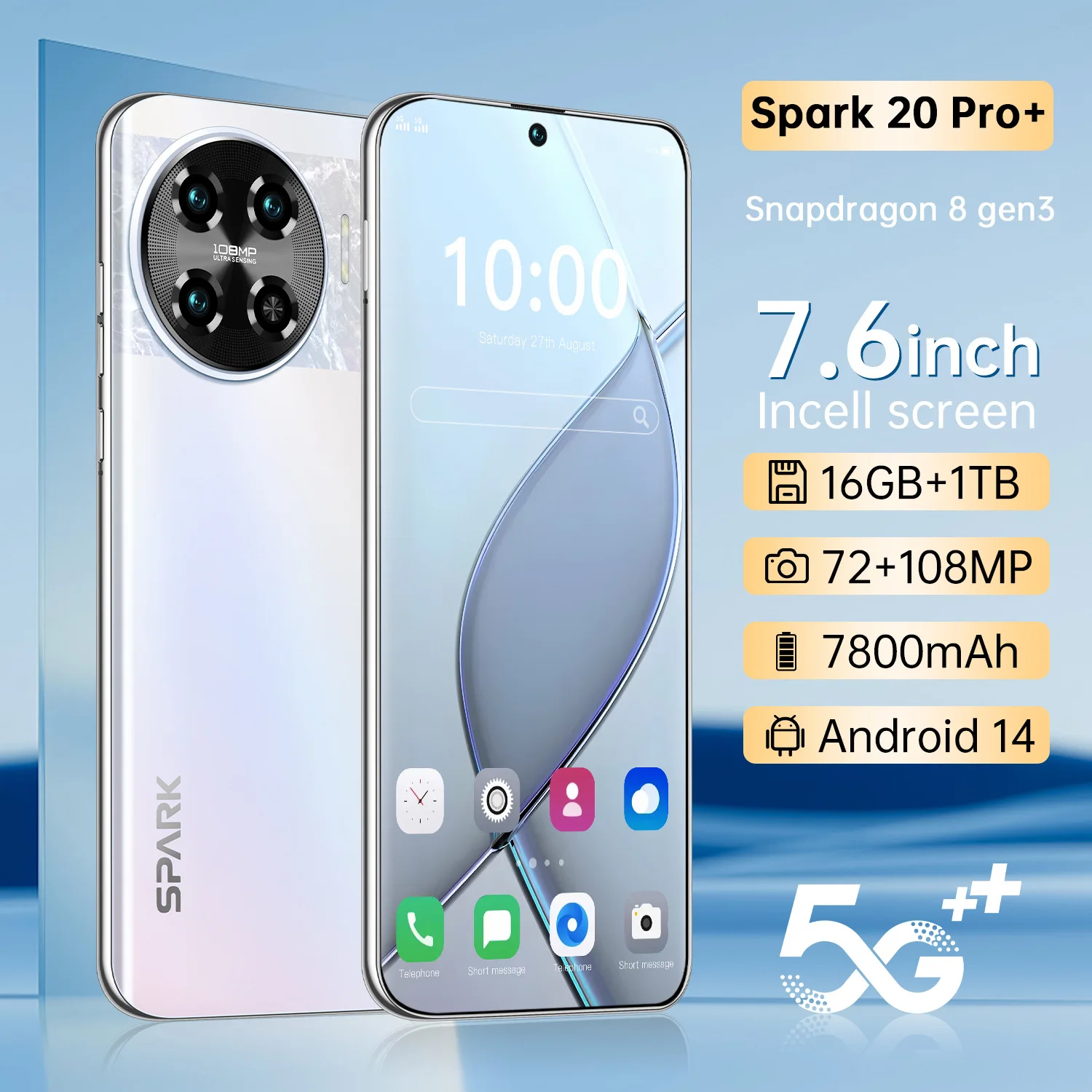 New Spark 20 Pro  Cross-border Mobile Phone 3 64 6.8incell Punch-hole Screen Real 4G Smart Trade