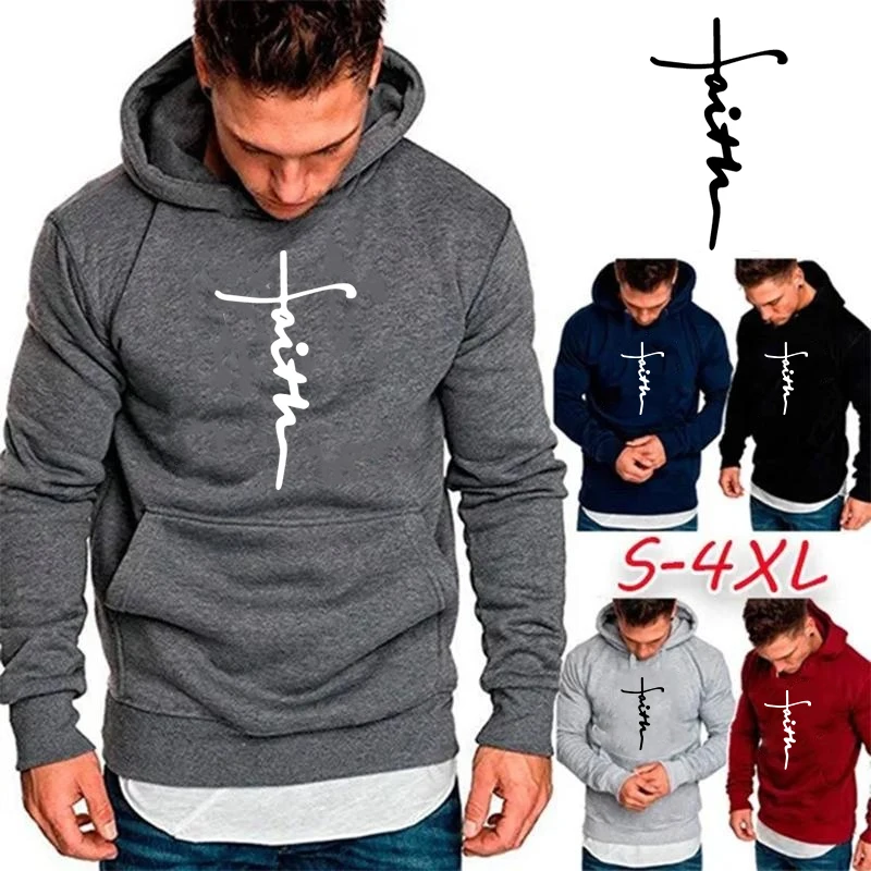 

New Hoodies Men Faith Print Hoodies Long Sleeve Loose Hoodie Casual Hooded Sweatshirts Streetwear Pullover Unisex Hoody