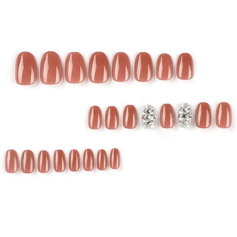 24pcs/box wearable brick red manicure short rhinestone silver glitter fake nails