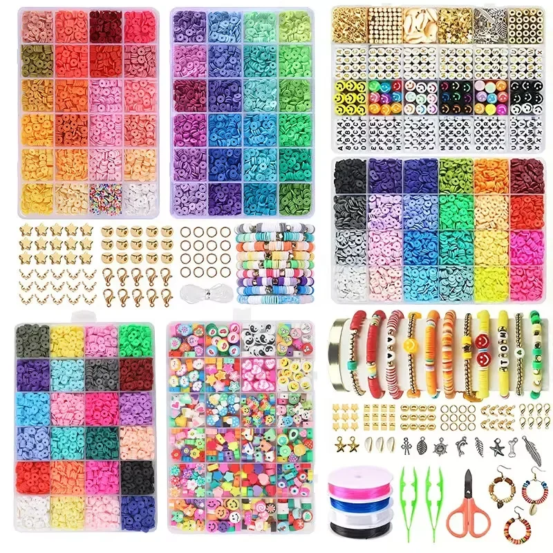 7200PCS Clay Beads Bracelet Making Kit Flat Round Polymer Clay Beads Set Polymer Heishi Beads with Charms for Teen Girls Crafts