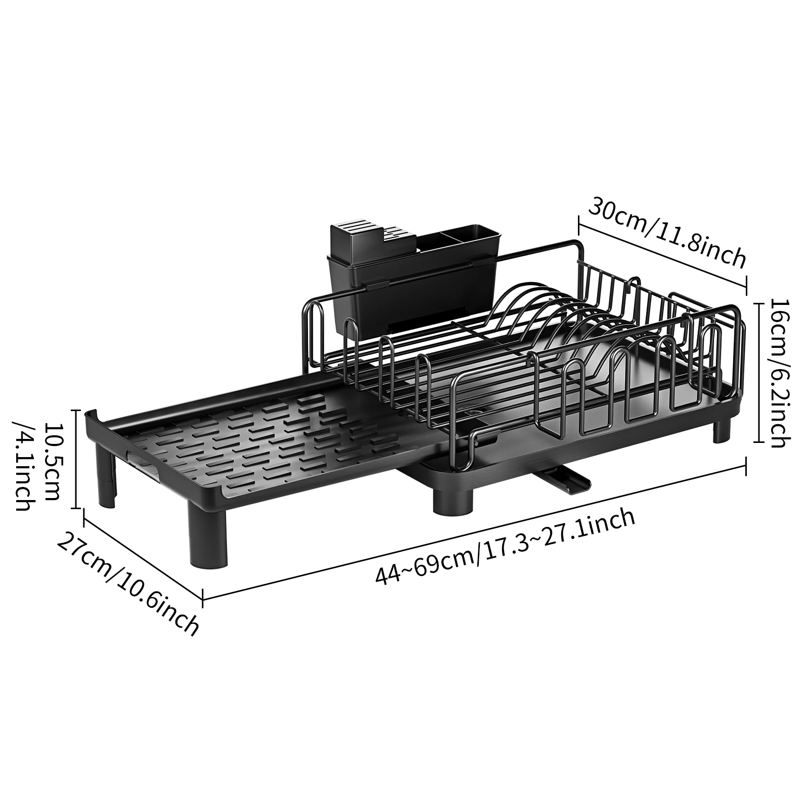 dish drying rack,Cutlery rack with drain tray and spout,Knife, fork and chopstick holder,Retractable dish storage rack