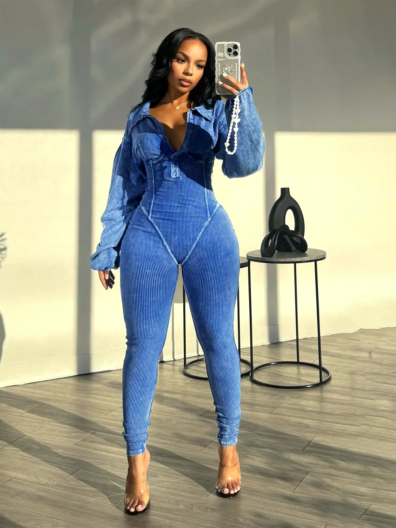 Ameri vintage LADY LIKE JUMPSUIT ベルト付 M CM.YAYA Fashion Women Knit Ribbed Long Sleeve Moto Biker Jumpsuits