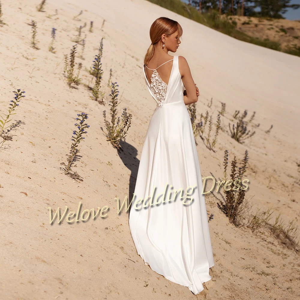 Simple Wedding Dress For Bride White Slit Sleeveless Bridal Gown Woman Plus Size Satin Skirt Vestido De Novia 2021 A Line Custom
