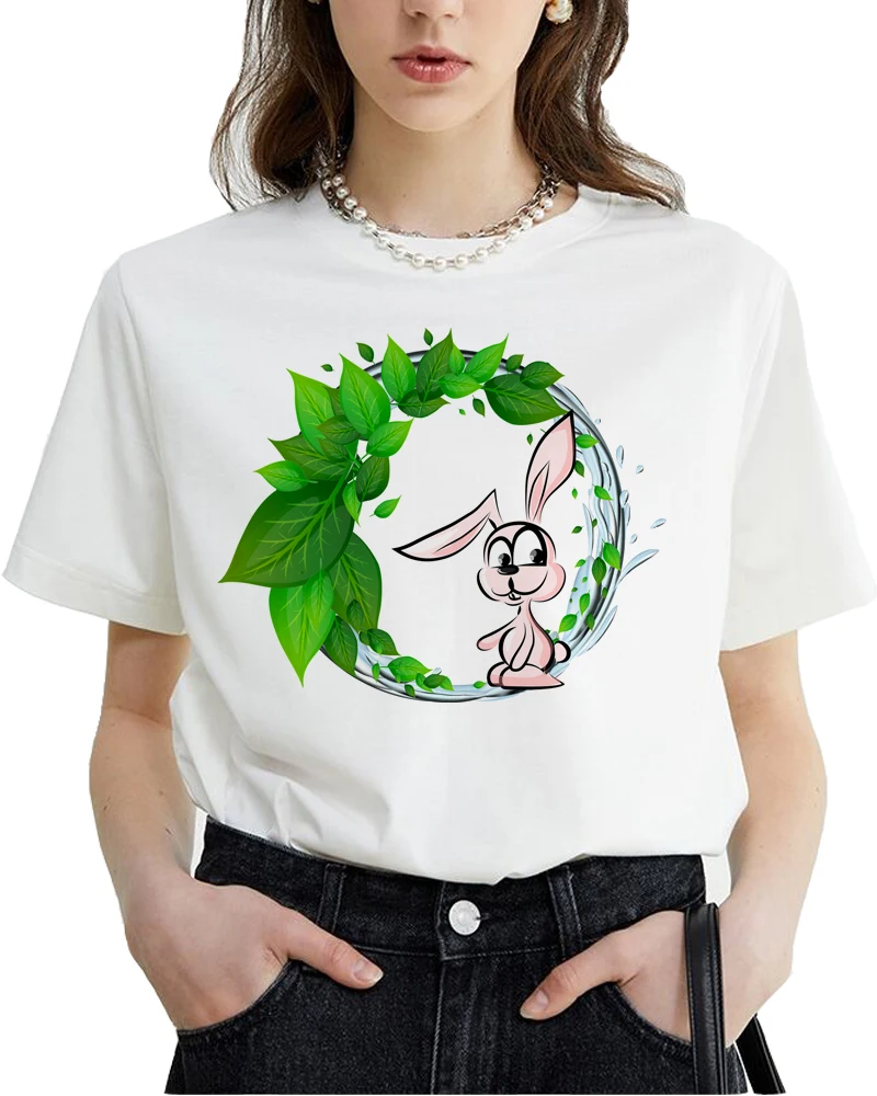 T-shirt da donna con stampa coniglio carino abbigliamento armonico, verde ed ecologico A273