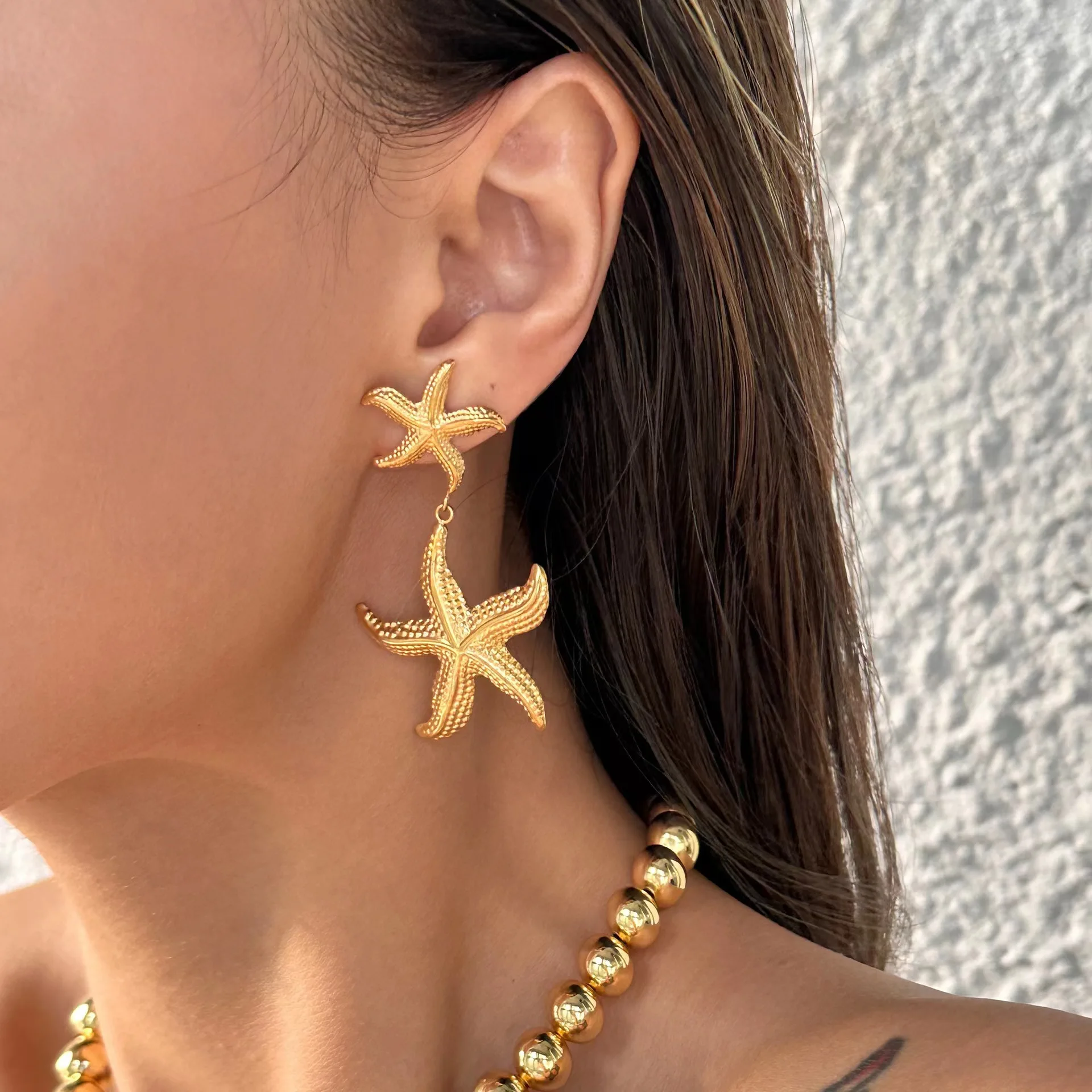 Fashion Beach Double Layered Starfish Dropped Earrings For Women Fashion Ocean Jewelry Earring Necklace Set Summer Party Gifts