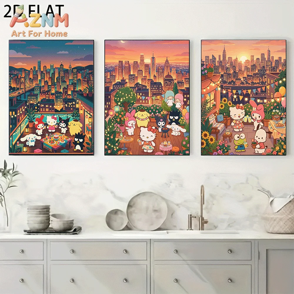 AZNM Sanrio Hello Kitty Friends Rooftop Party Canvas Wall Art Unframed Cute Cartoon City Sunset Night Skyline Dinner Scene Paint